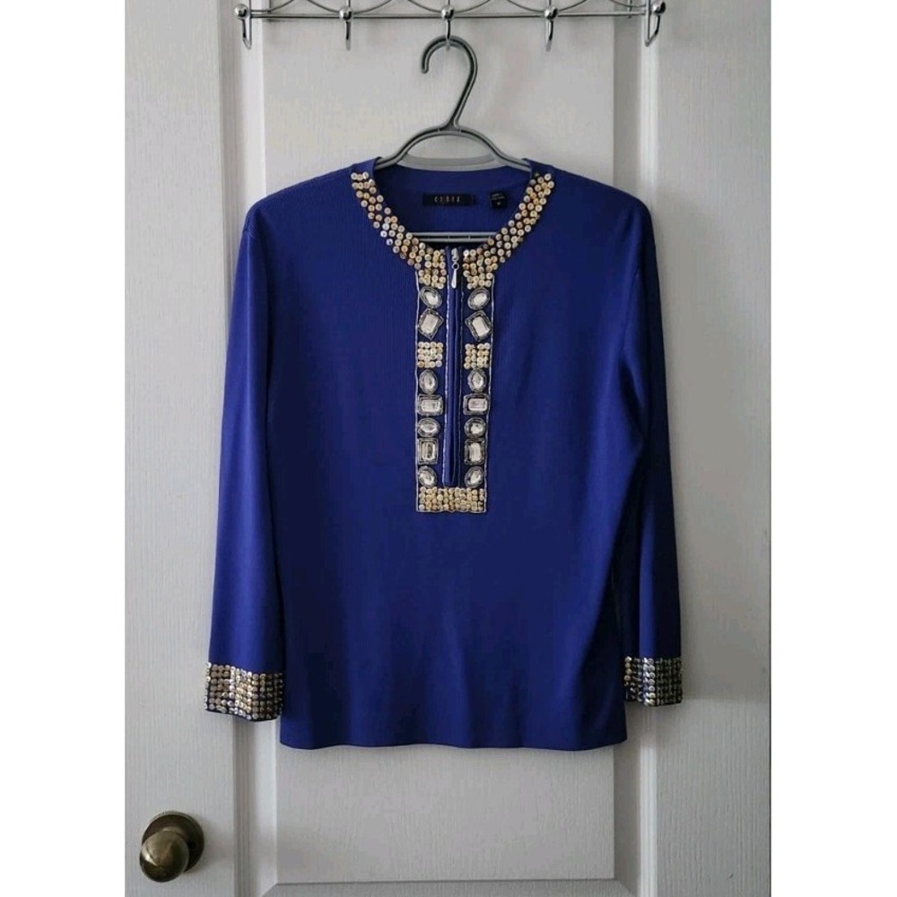 Womens Top embellishments gold sequins‎ / beads around Neck Long Sleeve Blue M